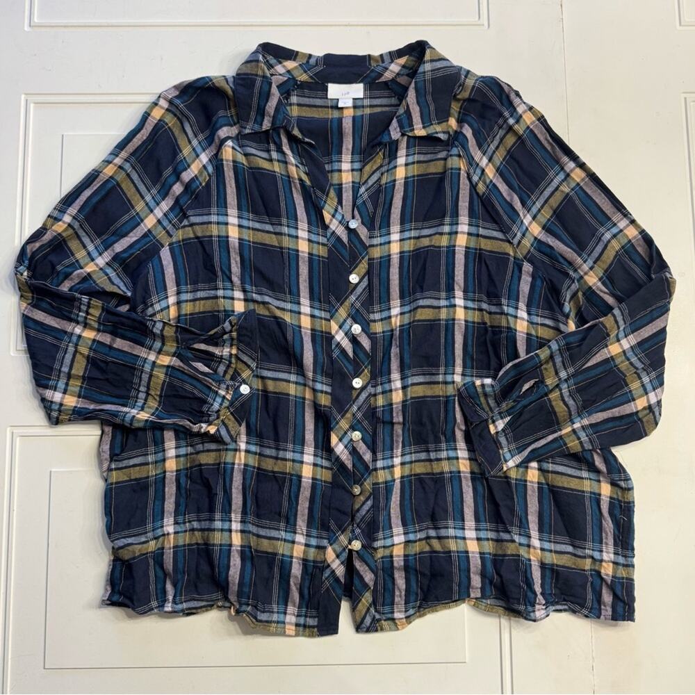 J. Jill Women’s Sz XL Blue Plaid Hook Loop Button Up Shirt Blouse Cotton Blend